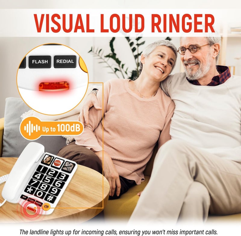 Uvital Large Button Phones for Seniors, White Corded Landline Phone with 3 One-Touch Dialing Big Buttons, Hands-Free, Loud Ringer, Adjustable Volume, Easy for Visually Impaired Telephone for Seniors - Image 5